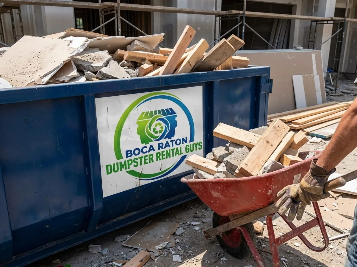 20 yard roll-off dumpster loaded with renovation debris in Boca Raton